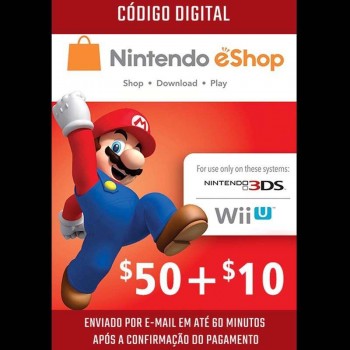 Cartão Nintendo 3ds - Wii U Eshop Cash Card $60 ($50+$10) Us